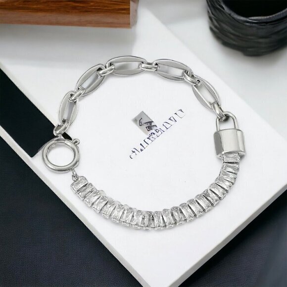 NWT Lock Charm Bracelet 14K White Gold Plated CZ Links 7” - Picture 8 of 10